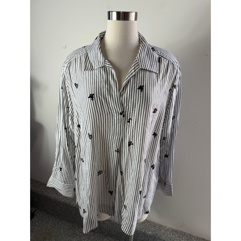 Jane + Delancey Womens Plus 1X Striped Button Up Blouse Black White Top